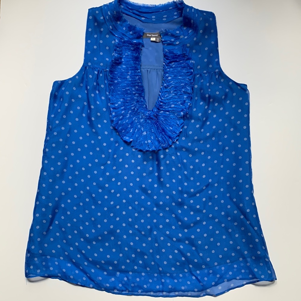 Blue Tassel Polka Dot Silk Sleeveless Shirt/Blouse